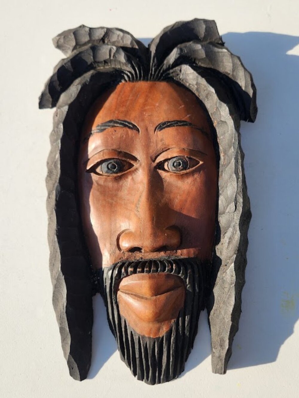 Vintage 14" Hand-Carved Wooden Rastafarian Wall Mask Jamaican Folk Art Decor Ras